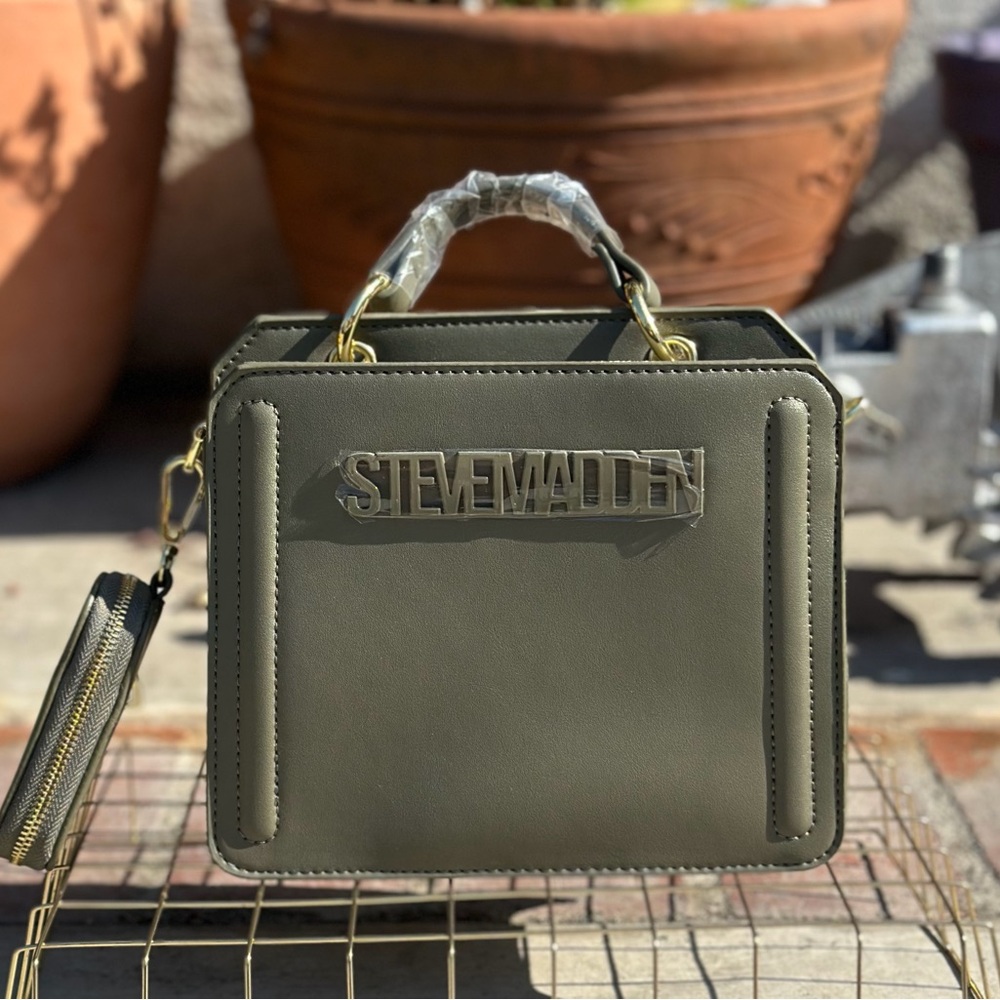 Steve Madden Khaki Boxy Handbag with Gold Details